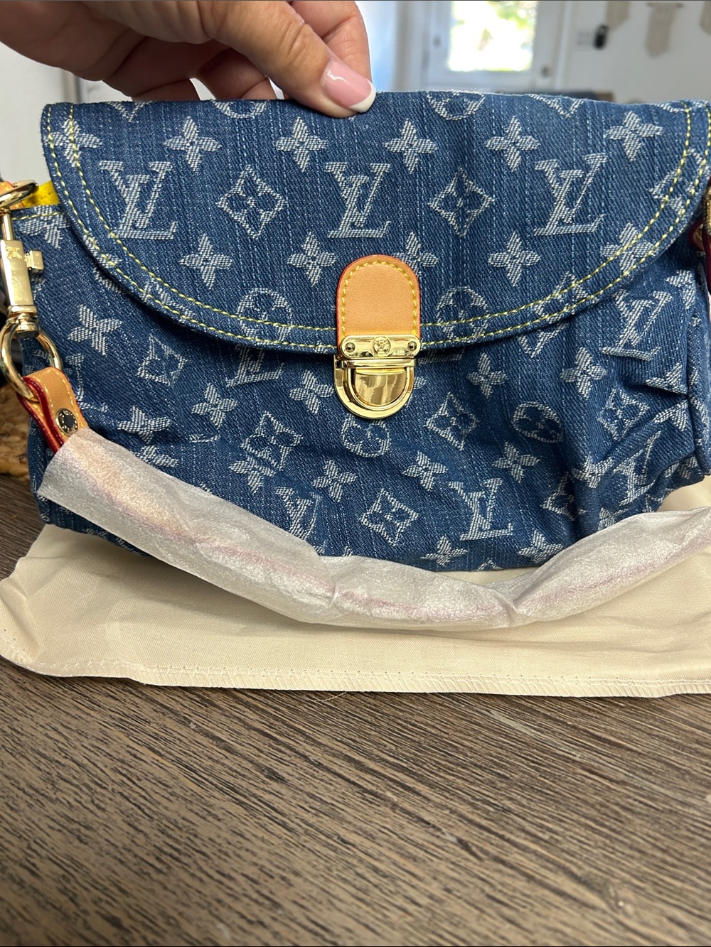Fashion Mini Blue Denim Monogram Crossbody Bag with Gold Hardware